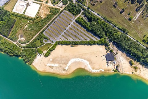 Aerial view, Silbersee II with sandy lido and lido, Lehmbraken, Haltern am See, Ruhr area, North
