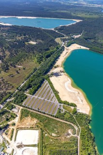 Aerial view, Silbersee II with sandy lido and lido, Lehmbraken, Haltern am See, Ruhr area, North