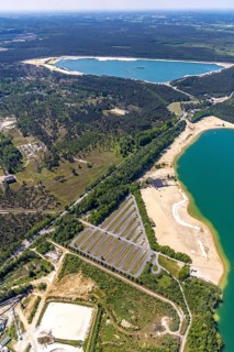 Aerial view, Silbersee II with sandy lido and lido, Lehmbraken, Haltern am See, Ruhr area, North