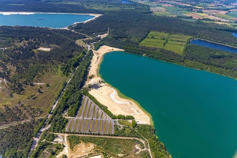 Aerial view, Silbersee II with sandy lido and lido, Lehmbraken, Haltern am See, Ruhr area, North