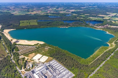 Aerial view, Silbersee II with sandy lido and lido, Lehmbraken, Haltern am See, Ruhr area, North