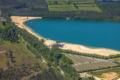 Aerial view, Silbersee II with sandy lido and lido, Lehmbraken, Haltern am See, Ruhr area, North