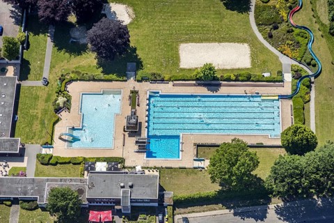 Aerial view, open-air swimming pool Sythen, Haltern am See, Ruhr area, North Rhine-Westphalia,