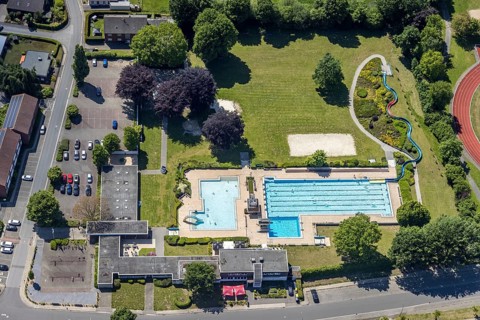 Aerial view, open-air swimming pool Sythen, Haltern am See, Ruhr area, North Rhine-Westphalia,