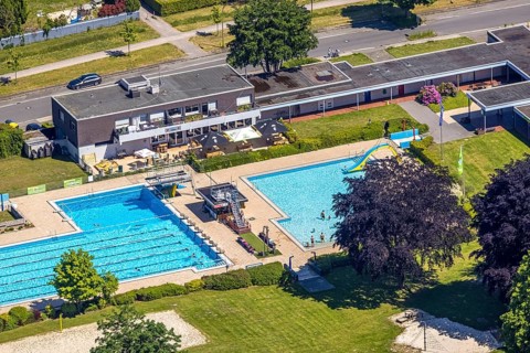 Aerial view, open-air swimming pool Sythen, Haltern am See, Ruhr area, North Rhine-Westphalia,