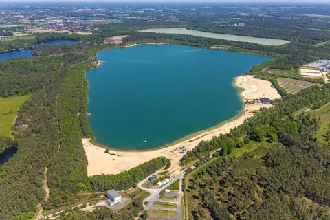Aerial view, Silbersee II with sandy lido and lido, Lehmbraken, Haltern am See, Ruhr area, North