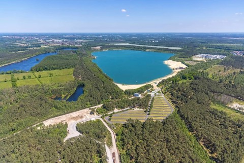 Aerial view, Silbersee II with sandy lido and lido, Lehmbraken, Haltern am See, Ruhr area, North