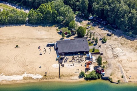 Aerial view, Silbersee II with sandy lido and lido, Lehmbraken, Haltern am See, Ruhr area, North