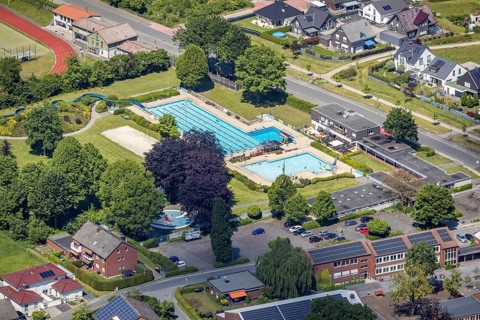 Aerial view, open-air swimming pool Sythen, Haltern am See, Ruhr area, North Rhine-Westphalia,