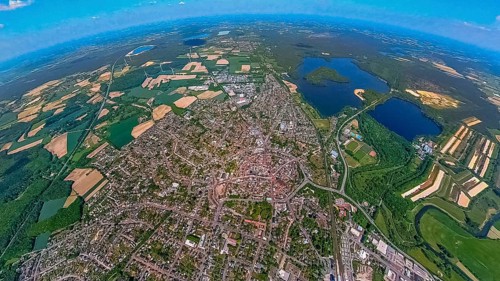 Aerial view, fisheye view of the old town and the Haltern reservoir, Haltern town, Haltern am See,