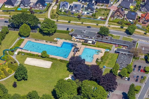 Aerial view, open-air swimming pool Sythen, Haltern am See, Ruhr area, North Rhine-Westphalia,