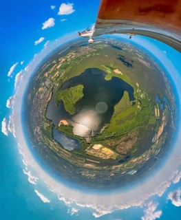 Aerial view, fisheye view of Haltern reservoir with motorised glider, Haltern town, Haltern am See,