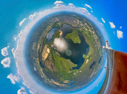 Aerial view, fisheye view of Haltern reservoir with motorised glider, Haltern town, Haltern am See,