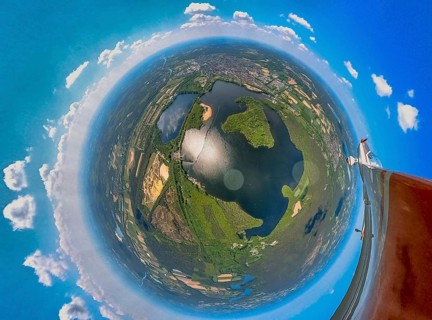 Aerial view, fisheye view of Haltern reservoir with motorised glider, Haltern town, Haltern am See,