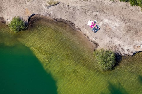 Aerial view, rocky beach at Silbersee II, Lehmbraken, Haltern am See, Ruhr area, North