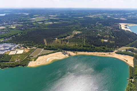 Aerial view, Silbersee II with sandy lido and lido, Lehmbraken, Haltern am See, Ruhr area, North