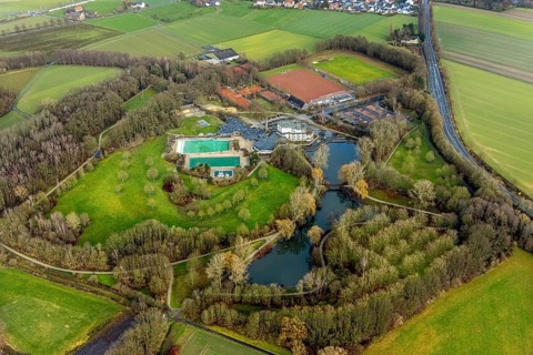 Aerial view Hotel Selbachpark with outdoor pool Selbachpark, Hamm, Ruhr area, North