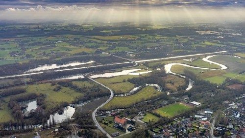 Aerial view of the nature reserve Am Tibaum, river Lippe meander and Datteln-Hamm canal, water weir