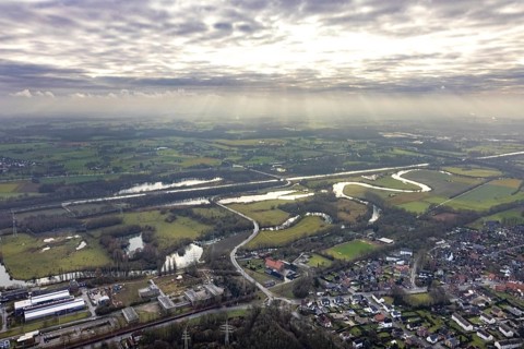 Aerial view of the nature reserve Am Tibaum, river Lippe meander and Datteln-Hamm canal, water weir