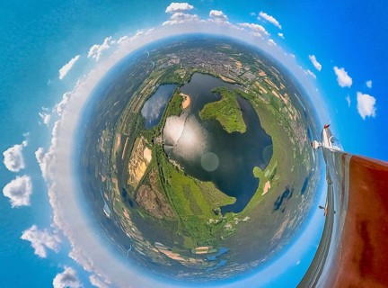 Aerial view, fisheye view of Haltern reservoir with motorised glider, Haltern town, Haltern am See,