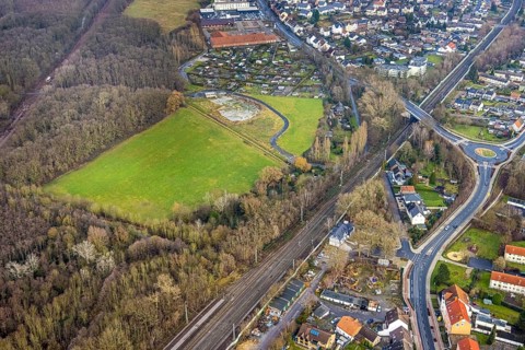 Aerial view source of Hoppeibach at Pelkum railway station with field and building area Kamemer