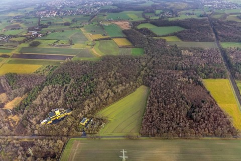 Aerial view of Ost Schacht Sandbochum mine in a forest area, steag substation Sandbochum,