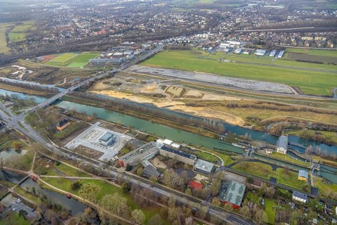Aerial view construction area new water sports centre on Adenauerallee at Hammonense grammar school