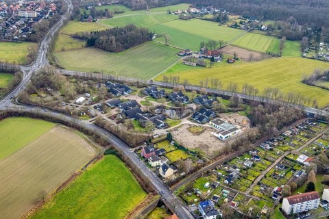 Aerial view of the AhsePark housing estate on Caldenhofer Weg with a new day care centre in Hamm,