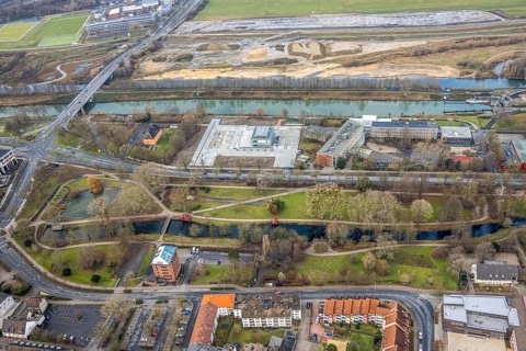 Aerial view construction area new water sports centre on Adenauerallee at Hammonense grammar school