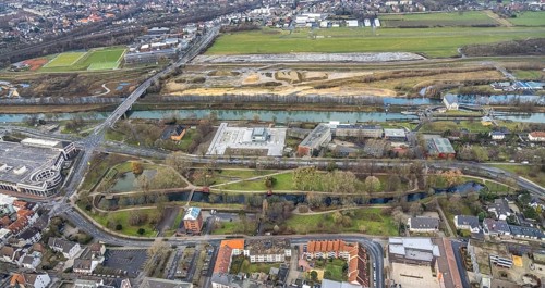 Aerial view construction area new water sports centre on Adenauerallee at Hammonense grammar school