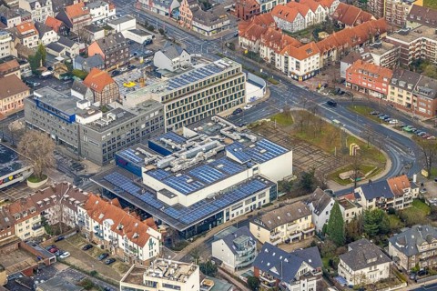 Aerial view construction site Widumstraße with demolition for new WA office building, Westfälischer