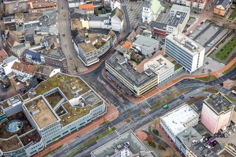 Aerial view city centre view commercial buildings Bahnhofstraße in Hamm, Ruhr area, North