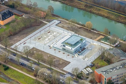 Aerial view construction area new water sports centre at the Adenauerallee at the Hammonense