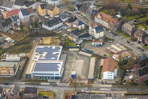 Aerial view of Ost Schacht Sandbochum mine in a forest area, steag substation Sandbochum,