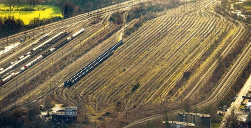 Aerial view shunting yard and freight yard in backlight in Hamm, Ruhr area, North Rhine-Westphalia,