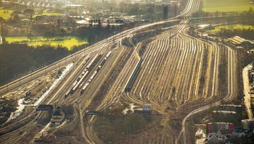 Aerial view shunting yard and freight yard in backlight in Hamm, Ruhr area, North Rhine-Westphalia,