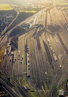 Aerial view shunting yard and freight yard in backlight in Hamm, Ruhr area, North Rhine-Westphalia,