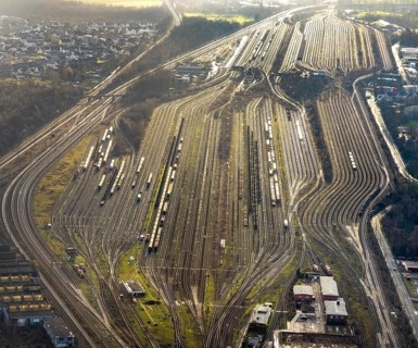 Aerial view shunting yard and freight yard in backlight in Hamm, Ruhr area, North Rhine-Westphalia,