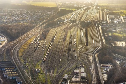 Aerial view shunting yard and freight yard in backlight in Hamm, Ruhr area, North Rhine-Westphalia,