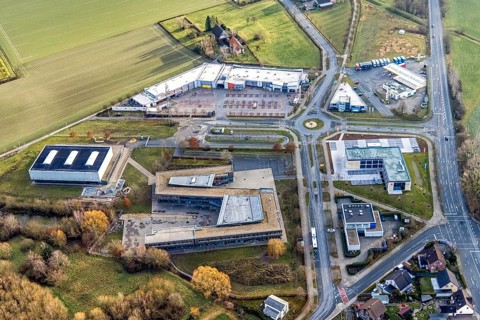Aerial view Konrad-Adenauer Realschule and Rewe Räker supermarket in Hamm, Ruhr area, North