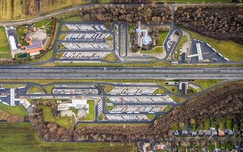 Aerial view motorway service area Rhynern-Nord and Rhynern-Süd on the A2 motorway, truck parking,