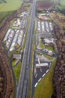 Aerial view of the Rhynern-Nord and Rhynern-Süd motorway service areas on the A2 motorway, truck