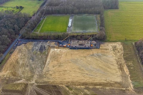 Aerial view open space and construction site football pitch club grounds of SV Westfalia Rhynern An