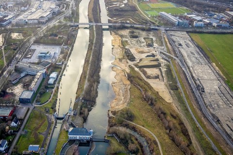 Aerial view construction area new building water sports centre at Adenauerallee at Hammonense