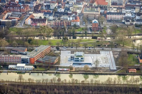 Aerial view construction area new water sports centre on Adenauerallee at Hammonense grammar school