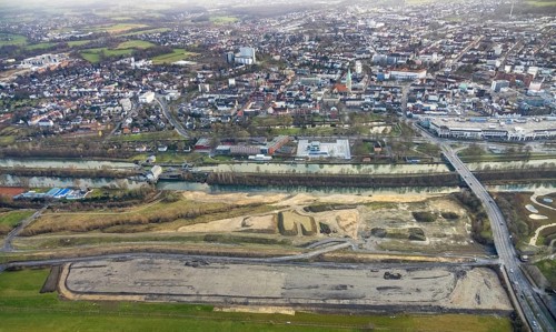 Aerial view construction area new water sports centre on Adenauerallee at Hammonense grammar school