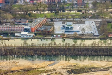 Aerial view construction area new water sports centre on Adenauerallee at Hammonense grammar school