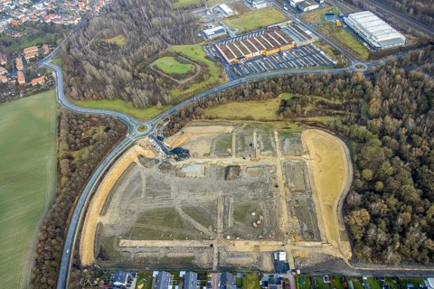 Construction area at Sachsenring with roundabout with housing estate in the district of Heessen in