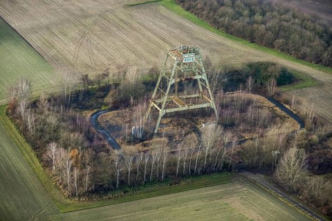 Aerial view Radbod colliery shaft 6, sinking tower field Donar farm Kurrick on Nordicker Straße in
