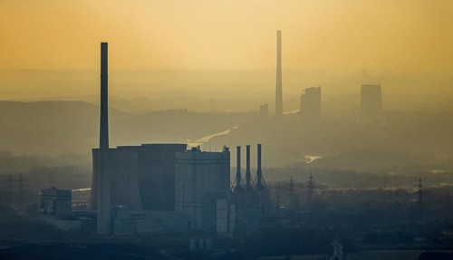 Aerial view of RWE Power AG power plant Gersteinwerk in backlight and STEAG power plant Bergkamen